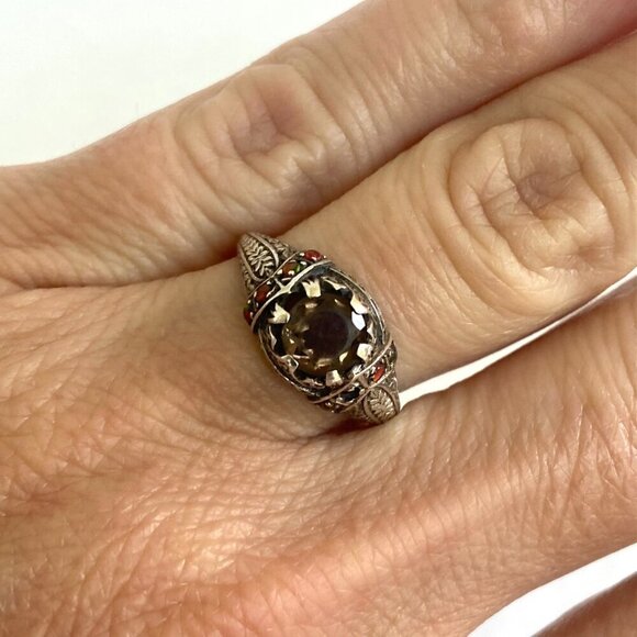 Sterling Silver 925 Dainty Round Smoky Quartz & Opal Accent Ring MISSING STONE - Picture 5 of 16
